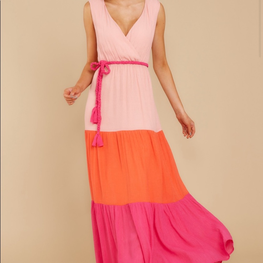 Multicolor Pink Block Colors Belted Maxi Dress